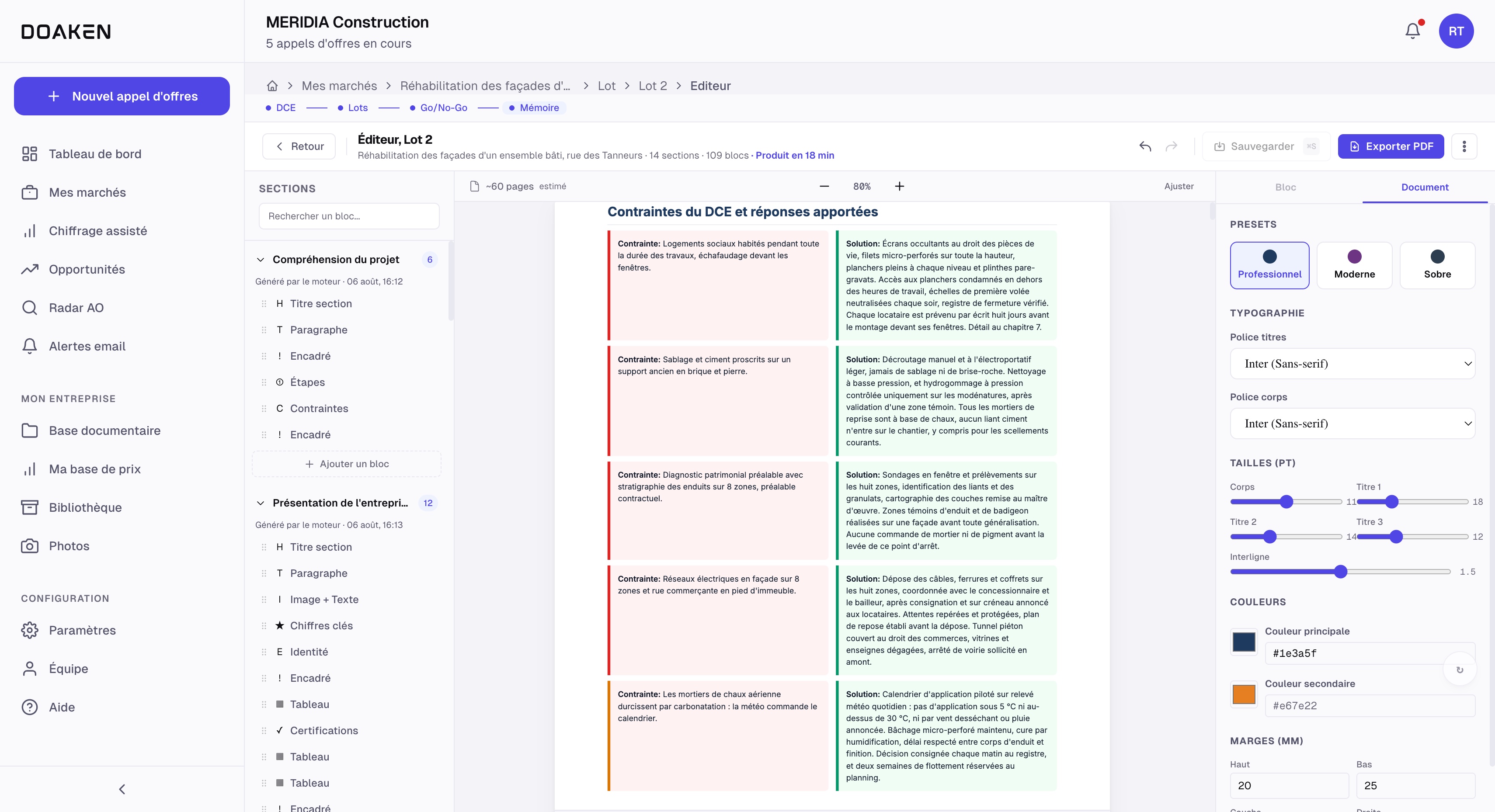 Une page du mémoire généré : le tableau Contraintes du DCE et réponses apportées, avec cinq paires. À gauche en rouge chaque contrainte du dossier : logements habités, sablage proscrit, stratigraphie préalable, réseaux en façade, mortiers de chaux et météo. À droite en vert la réponse technique détaillée apportée par le mémoire