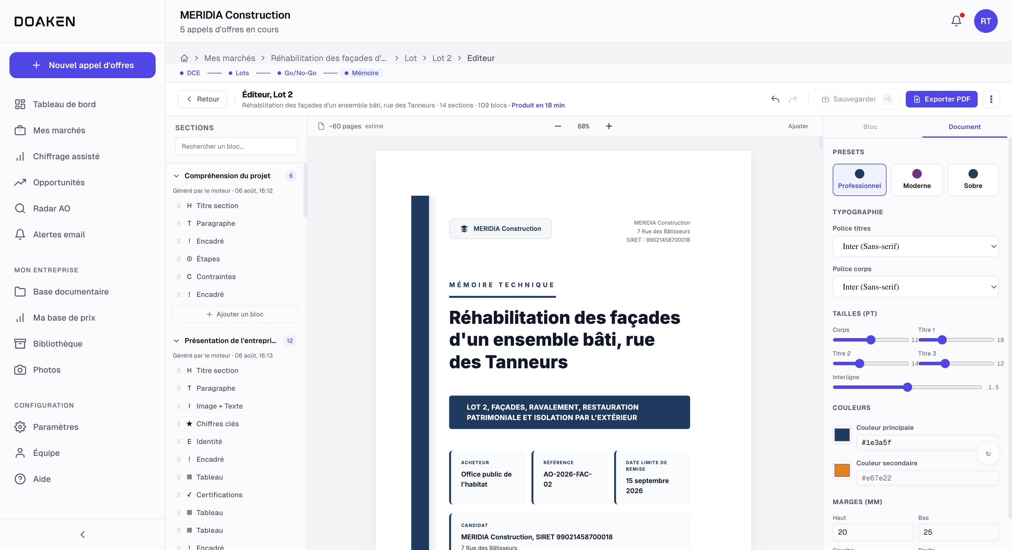 L'éditeur de mémoire technique DOAKEN : le plan des 14 sections à gauche, la couverture du document au centre avec le titre du marché et le bandeau du lot 2, et à droite les réglages du document : trois styles, typographie, couleurs, marges. En haut : 109 blocs, produit en 18 minutes, environ 60 pages estimées, export PDF