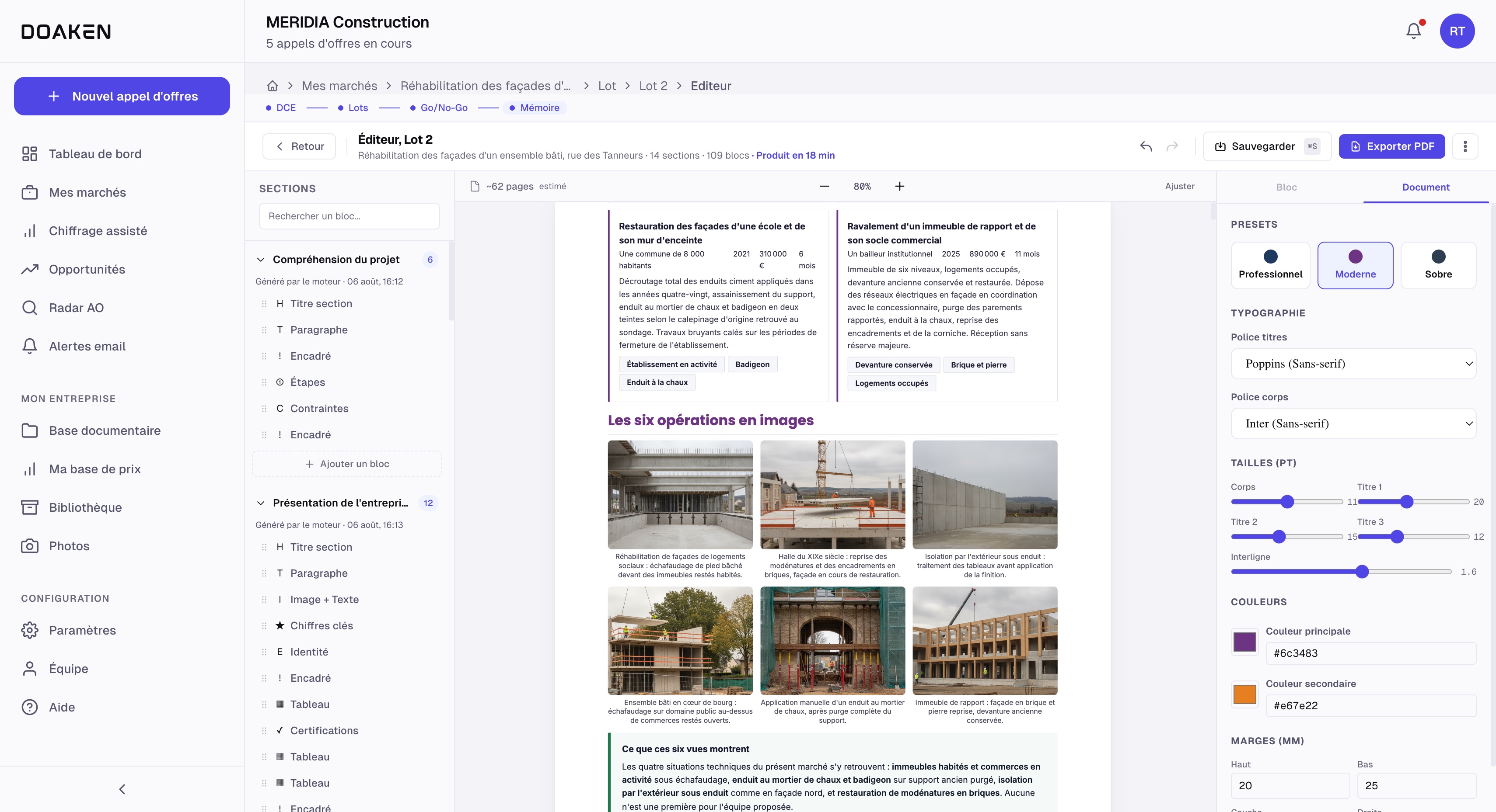 Le même document en style Moderne : titres en Poppins, violet principal, et une page de références avec photos de chantiers : six opérations en images, chacune avec sa légende et ses étiquettes, établissement en activité, enduit à la chaux, logements occupés. Le panneau de droite montre les réglages : polices, tailles, couleurs, marges