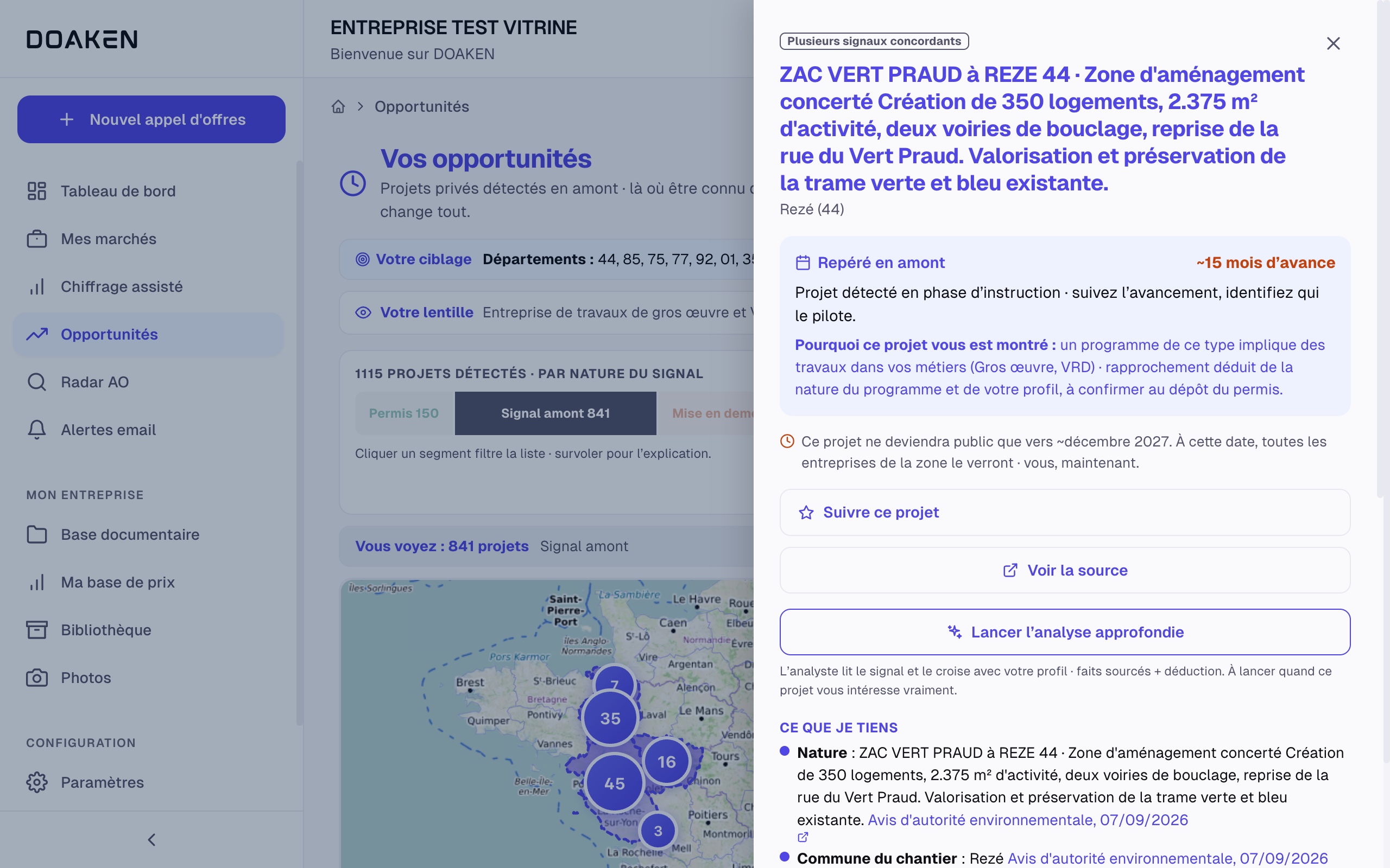 L'écran Opportunités de DOAKEN : 841 projets repérés par signaux amont, la carte de l'ouest, et le volet d'une ZAC de 350 logements repérée 15 mois avant sa publication, avec ses signaux concordants sourcés et datés