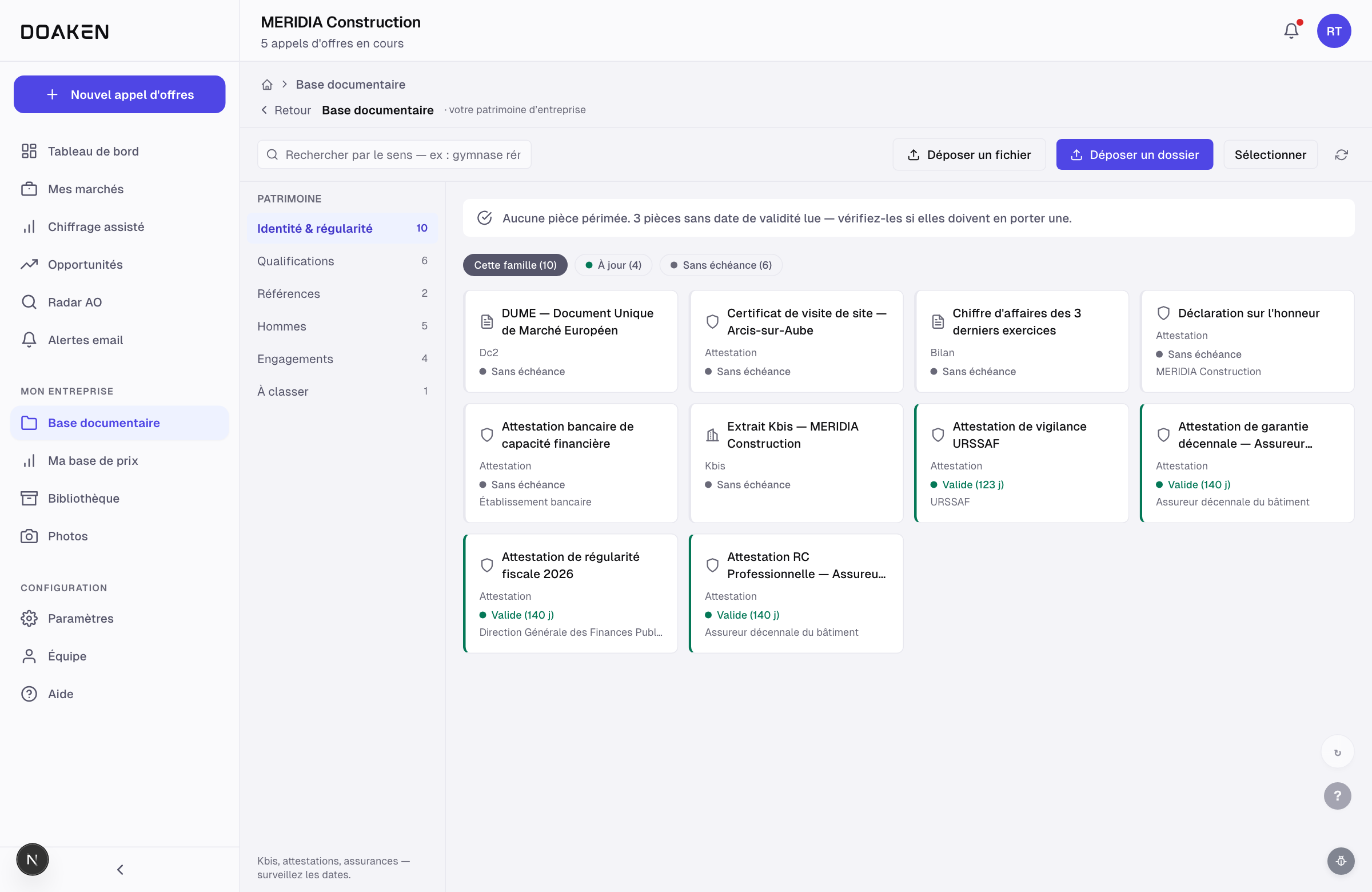 DOAKEN · Les pièces exigées par le DCE, classées en obligatoires et conseillées, avec les qualifications requises