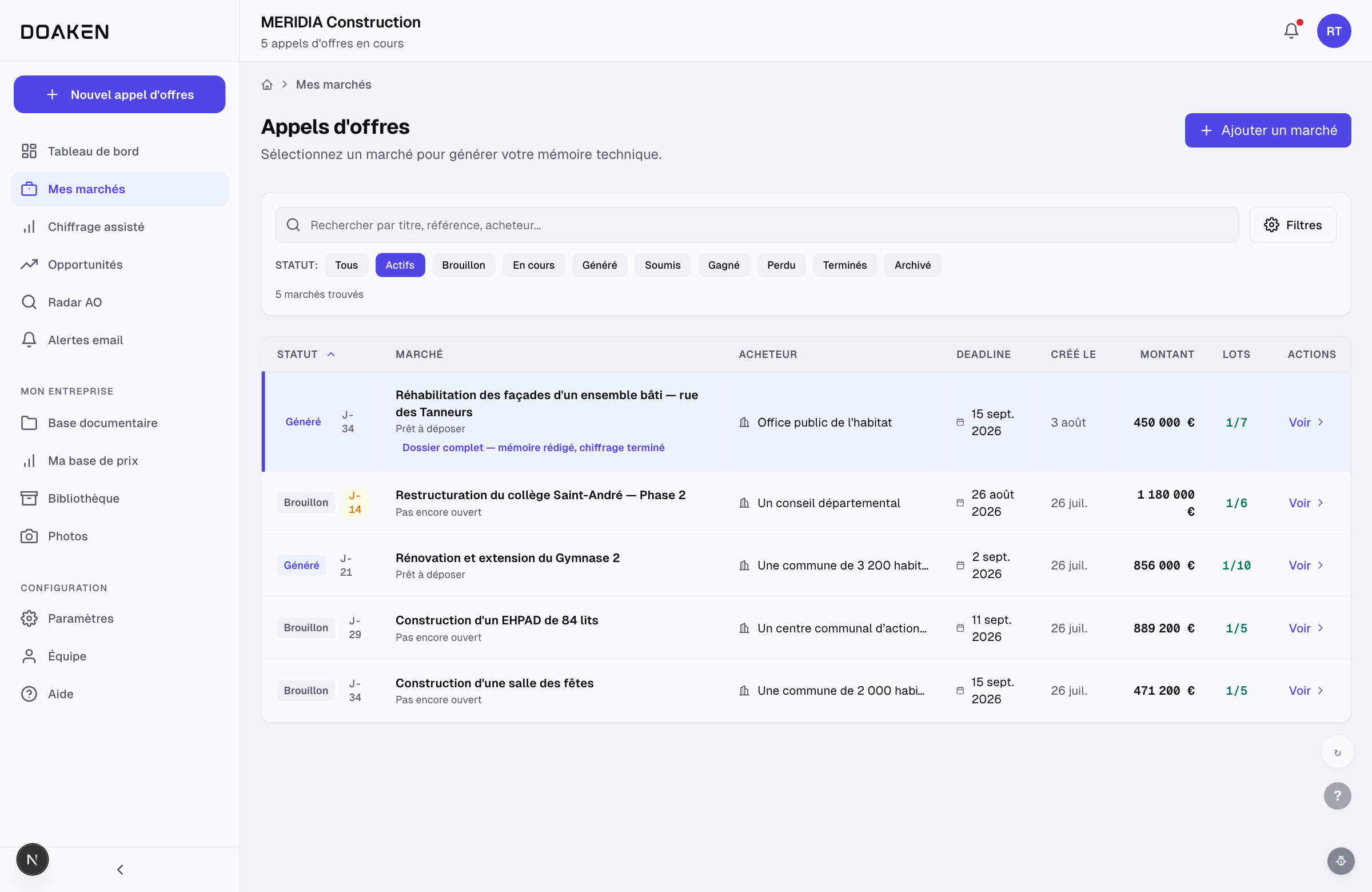 DOAKEN · Les avis de marchés publics remontés du BOAMP et des autres sources, filtrés par métier et par zone, avec leur date limite de dépôt