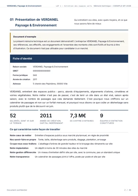 Mémoire technique espaces verts : exemple complet de 45 pages pour un marché d'entretien, produit par Doaken
