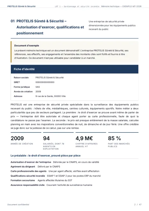 Mémoire technique sécurité gardiennage : exemple complet de 48 pages pour un marché de surveillance, produit par Doaken