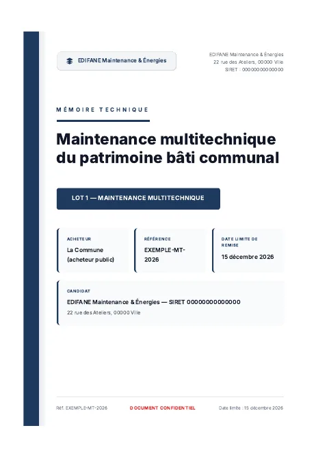 Mémoire technique maintenance de bâtiment : exemple complet de 48 pages pour un marché de maintenance multitechnique du patrimoine bâti, produit par Doaken